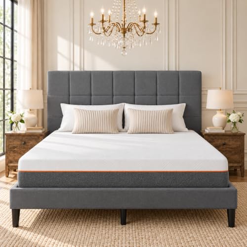 Marsail Queen Bed Frame with Headboard & 10 Inch Queen Mattress Set, Gray