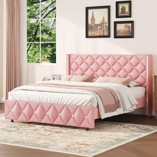 HOMBCK Queen Size Bed Frame with PU Headboard, Silverside Wingback, Pink