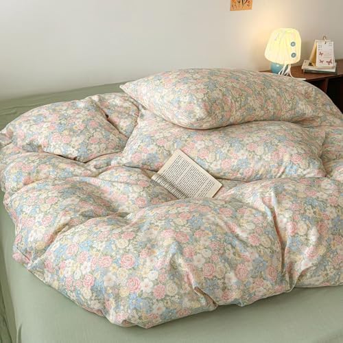 Cute 100 Cotton Duvet Cover Set 3 Pcs(1 King Size Duvet Cover with 2 Pillowcases),Green Floral Bedding Set with Zipper,Soft Lightweight Breathable Gauze Comforter Covers 104"×90"