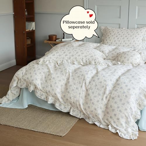 Farmhouse Blue Floral Duvet Cover Queen with Ruffles, Freesia Print
