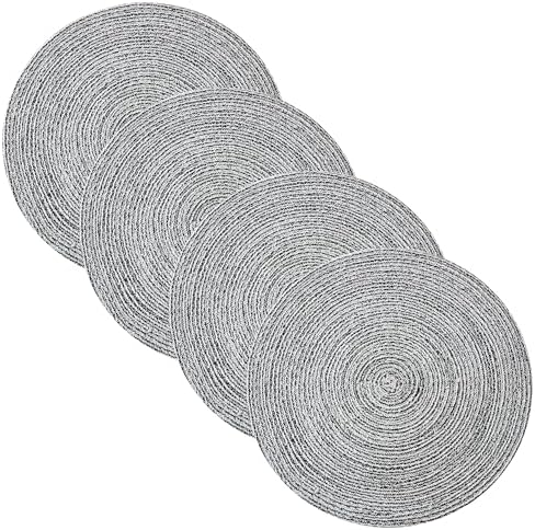 Round Placemats Set of 4-100% Cotton Two-Tone Placemat for Dining Table - Woven Braided Table Setting Place Mat - Washable Table Decor for Kitchen, Farmhouse, Rustic, Everyday Use, Black