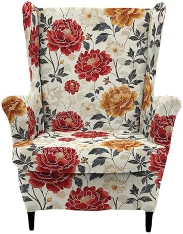 HAOYONG 2 Piece Wingback Chair Covers Stretch Wing Chair Slipcover Printed Wing Back Chair Covers with Arms Washable Spandex Fabric Armchair Cover Protection Furniture for Living Room and Bedroom