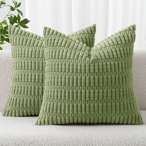 MIULEE Corduroy Decorative Throw Pillow Covers 18x18 Sage Green Pack of 2