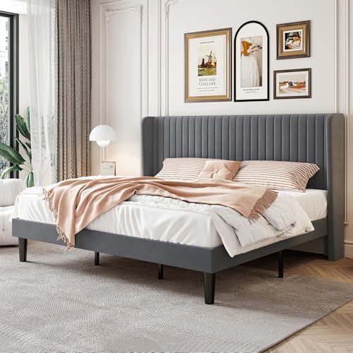 SHA CERLIN King Size Velvet Bed Frame, Tufted Wingback Headboard, Grey