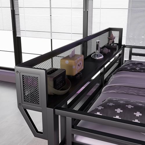 Queen Size Metal Loft Bed Frame with Desk, Staircase, Black