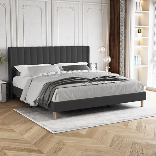 King Size Bed Frame with Linen Upholstered Headboard, Black