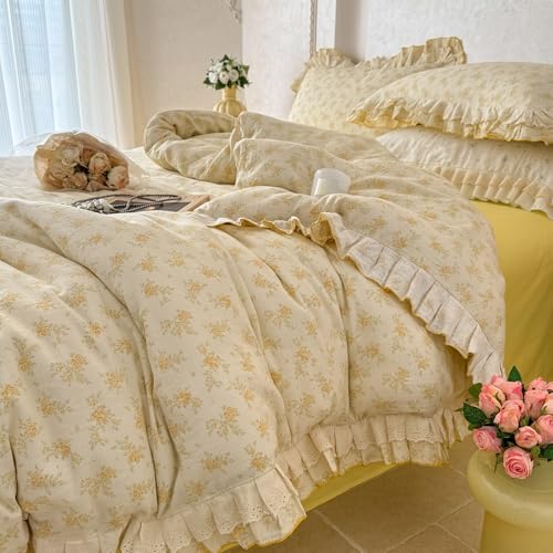 Girls Floral Duvet Cover Set Muslin Cotton Twin(68"x86"),Yellow Flower