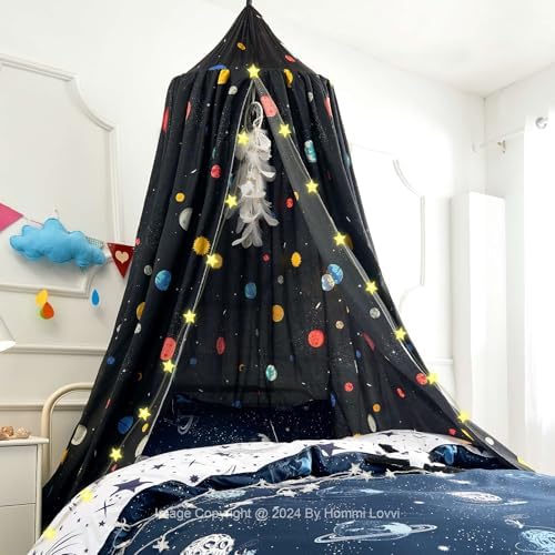 Hommi Lovvi Space Planets Print Kids Bed Canopy, Girls Princess Canopy Dreamy Room Decor, Soft Hanging Reading Nook Play Tent Canopy, Extra Large Full Size Bed Canopy with String Light