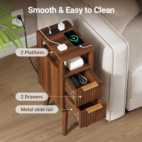 Narrow Nightstand Set of 2 with Charging Station, Small Side Table, Walnut