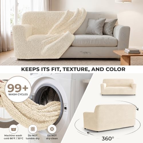 PAULATO Premium Stretch Couch Covers for Sofa - Sofa Chair Cover Washable, Dogs & Pets Friendly - Elastic Polyester Loveseat Slipcovers - Non-Slip Love Seat Couch Covers - Cream (64"-85" Wide)