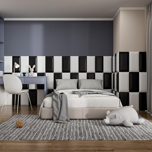 Peel and Stick Headboard Black Upholstered Wall Panels, 6 Panels Sized 7.8" x 15.7", 3D Anti-Collision Soundproof Self-Adhesive Wall Panel for Bedroom