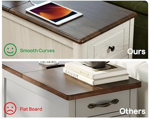 End Table with Charging Station, Side Table with Storage&Deep Drawer, White