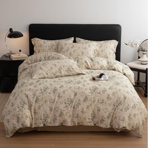 HighBuy Luxury Linen Duvet Cover Set Twin,Garden Style Comforter Cover Chic Cottagecore Cotton Linen Breathable,3 Piece Farmhouse Textured Bedding Set(1 Duvet Cover,2 Pillowcases)