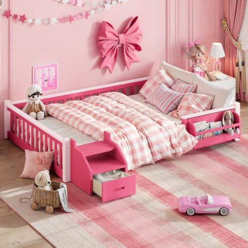 Full over Full House Bunk Bed with Bookshelves & Storage Drawer, Pink