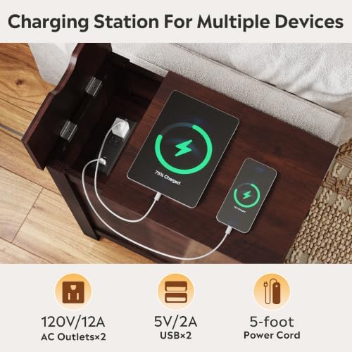 WLIVE End Tables for Living Room & Bedroom w/Charging, Narrow Nightstand
