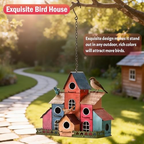 Large Bird House for Outside Hanging, Colorful Birdhouse with 6-Compartment