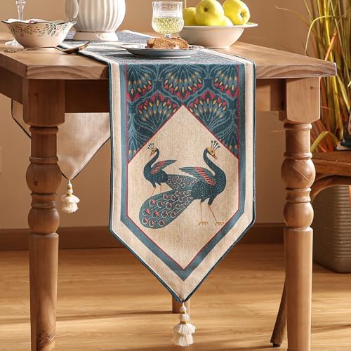 bilingaier Vintage Blue Peacock Small Table Runner for Table,Decorative Linen 102 Inches Long Table Runners,Decor Tabletop for Kitchen,Dining,Tea Party,Home,Christmas,12"x102"