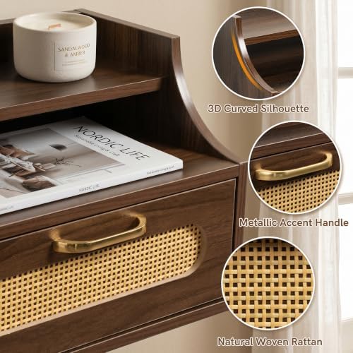 Afuly Floating Nightstand with Drawer, Walnut Bedside Table Wall Mounted