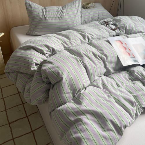AOJIM Striped Duvet Cover Queen 100% Washed Cotton 3-Piece Vintage Bedding