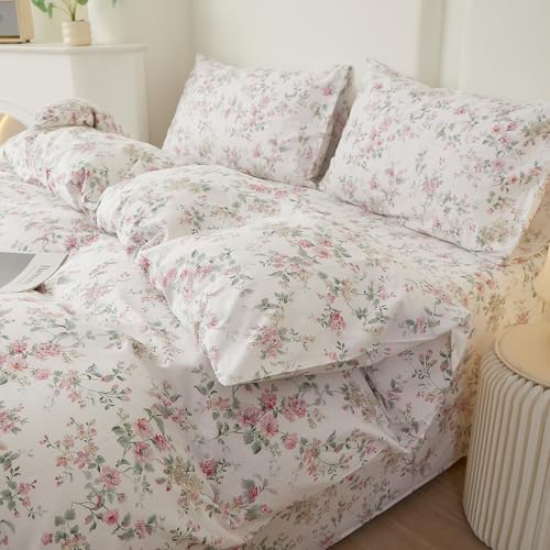 Queen Duvet Cover Set Pink Floral Bedding Set on White 100% Cotton Reversible Vintage Comforter Cover with Zipper&Ties