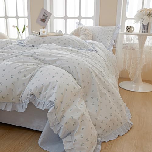 LifeTB King Comforter Set Blue Floral Comforter Set King Romantic Girls Ruffle Lace Bedding Set Fluffy Soft Lightweight Girls Comforter with 2 Pillowcases for All Seasons
