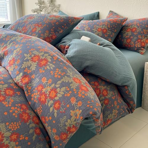 HighBuy Aesthetic Brunt Orange Floral Duvet Cover Set King,100% Muslin Cotton Soft Durable Reversible Coquette Gauze Bedding Set,Vintage Floral Bedding Set,Duvet Cover with 2 Pillowcases