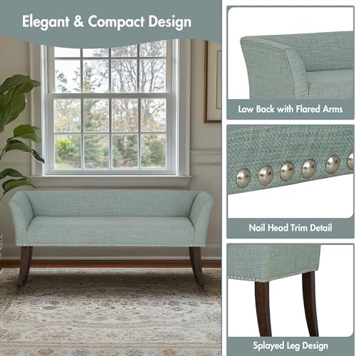 Madison Park Accent Bench for Living Room, Upholstered with Nailhead Trim, & Padded Seat Entryway Bench Small, End of Bed Bench with Back, 49.5" W x 19.25" D x 23" H, Light Blue
