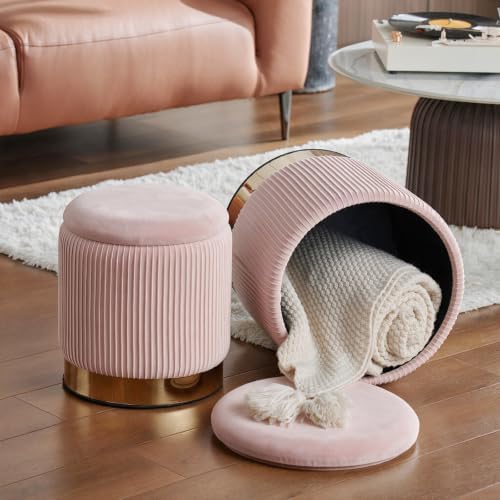 Round Ottoman with Storage Set of 2 Pink Velvet Vanity Stool
