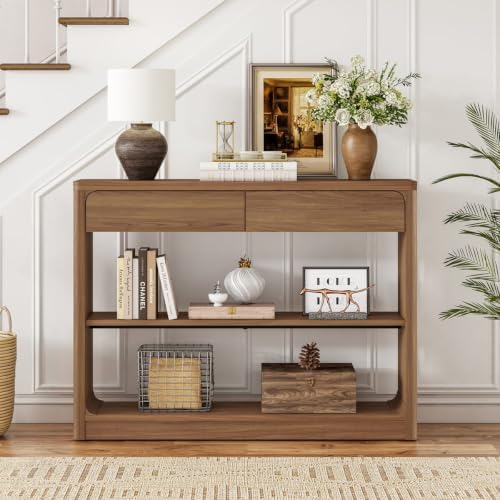 FATORRI Console Table with 2 Drawers, 43.3 Inch Farmhouse Narrow Entryway Table with Storage Shelves, Rustic Sofa Tables Behind the Couch for Hallway, Living Room, Foyer (Walnut)