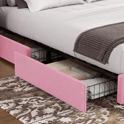 VECELO Full Size Upholstered Bed Frame with 4 Drawers and Headboard, Velvet Platform Storage Bedframe, Wooden Slats Support, No Box Spring Needed,Pink