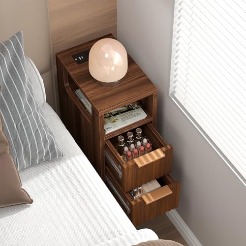 Narrow Nightstand Set of 2 with Charging Station, Small Side Table, Walnut