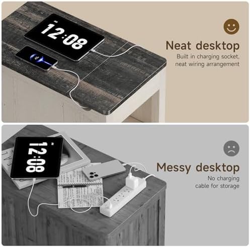 ONBRILL Farmhouse End Table with Charging Station,Rustic White