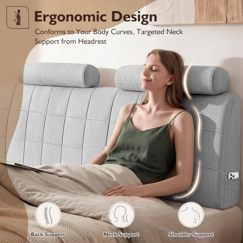 Queen Headboard with 2 Headrests, Memory Foam Upholstered Headboard
