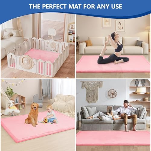 Huloo Sleep Baby Play Mat for Floor,1.3" Thick Elasti-Foam 74×50 Playpen Mat for Toddlers Infant kids,Water-Repellent Soft Coral Velvet for Tummy Time, Non-Slip Backing for Crawling,Tatami Style(Pink)