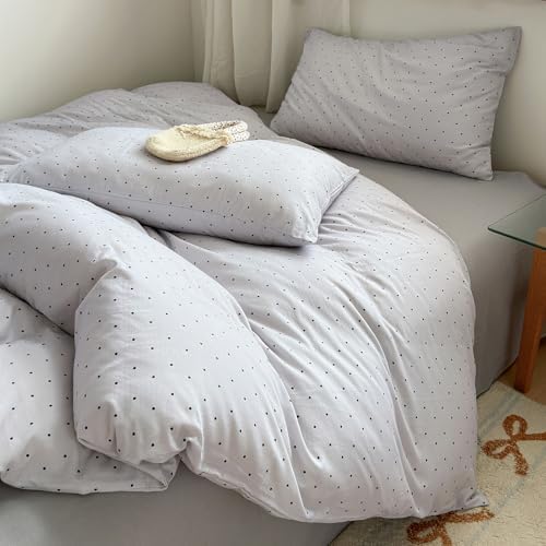 LifeTB Grey Duvet Cover King Size, 3 Piece Polka Dot Duvet Cover with 2 Pillowcases, 100% Cotton Muslin Breathable All Seasons Comforter Cover, Cute Polka Dot Bedding Set for Teen Girls Women