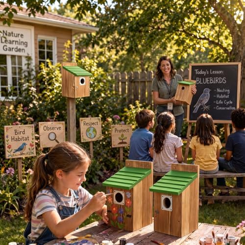 Dreyoo 4 Pack Bluebird Houses for Outside with Metal Predator Guard, 1-1/2" Entrance Hole Wooden Blue Bird Houses for Outdoors, Bluebird Nesting Box (Green Roof, Burnt Wood Body)