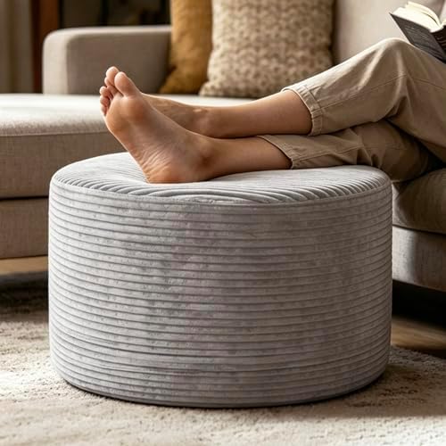 Thgonwid Round Ottoman Pouf, Corduroy Foot Rest Stool, 20x14In, Light Grey