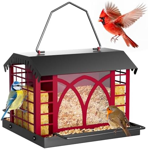 Bird Feeders for Outdoors Hanging, Metal Bird Feeder with Double Suet Cage Weatherproof Metal Roof, 3.5Lbs Large Capacity Great for Attracting Finch Cardinal Chickadee Wild Birds, Berry Red
