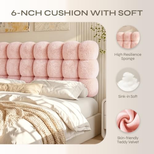 Pinmoco King Cloud-Shaped Upholstered Headboard, Teddy Fleece Pink