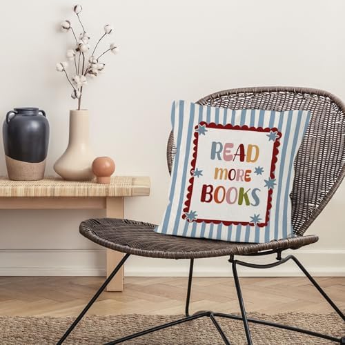 Boho Classroom Reading Throw Pillow Cover 18x18, Book Lover Bookish Gifts Decorative Pillow Covers for Kids Nursery Bedroom Reading Room Corner Nook, Blue Striped Accent Pillows Cover Pillowcases