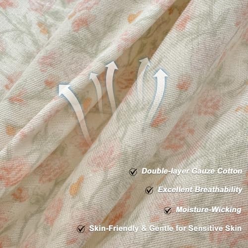 Floral Duvet Cover Set Muslin Cotton Queen(90"x90"),Pink Flower