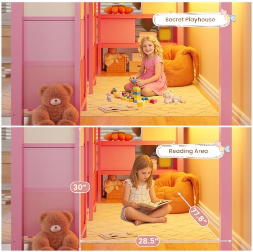 Low Loft Bed Twin Size with 9 Storage Drawers, Bookcase and LED Lights, Metal Kids Loft Bed with Wide Staircase, Open Shelves and Safety Guardrail, Twin Loft Bed with Under-Bed Playhouse, Pink