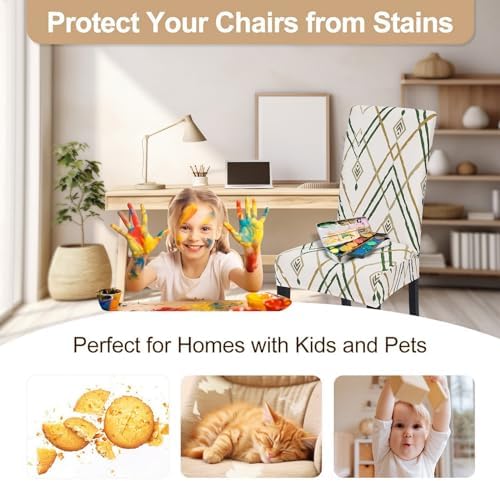 SearchI Dining Room Chair Covers Set of 6, Stretch Printed Kitchen Chair Slipcovers Removable Washable Parsons Chair Covers Protector for Dining Room, Hotel, Ceremony (Beige-Green Stripe)
