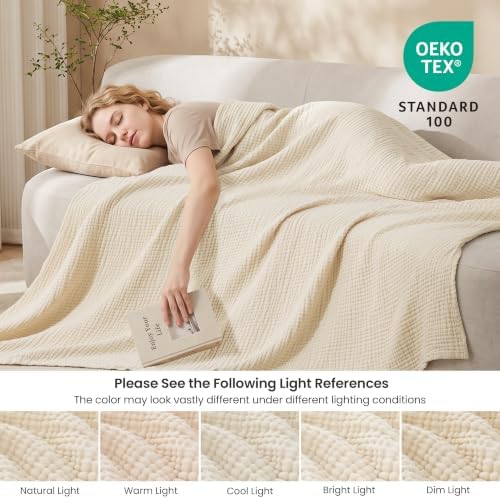 Love's cabin 100% Cotton Muslin Blanket Throw for Couch, Beige