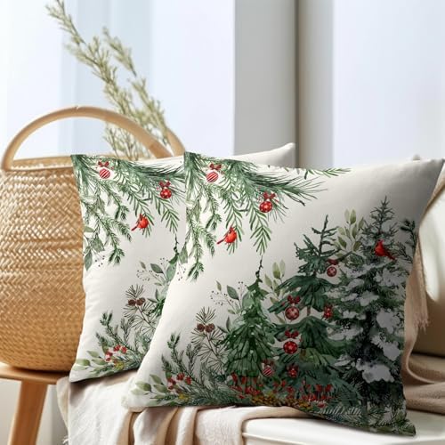 Green Christmas Tree Throw Pillow Covers 20x20 Inch Set of 2 Winter Pine Trees Red Berry Bells Birds Decorative Pillowcase Xmas Holiday Cotton Linen Cushion Cover for Home Sofa Couch Patio