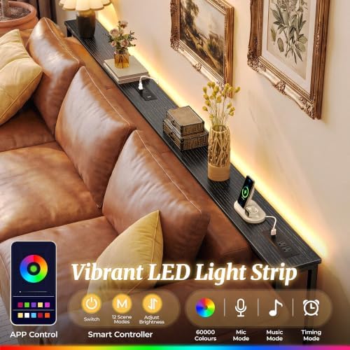 Huuger 102.4 Inch Sofa Table with LED Lights, Skinny Behind Couch Table