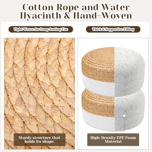 Briwooody 2 Pcs Handmade Round Cotton Knit/Water Hyacinth Low Pouf Ottoman