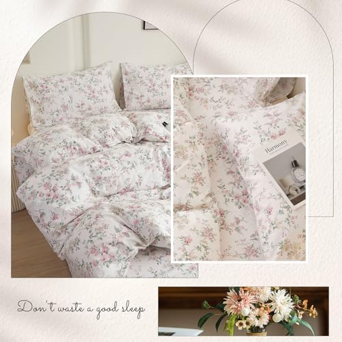 HighBuy Chic Floral Duvet Cover Full Size,3 Pieces Extra Soft Cotton Bedding Set for Kids & Adults,Vintage Pink Floral Farmhouse Comforter Cover Sets 1 Duvet Cover and 2 Pillowcases