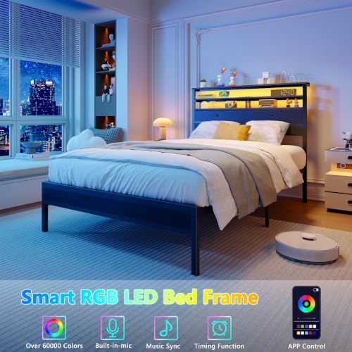Twin Bed Frames with Charging Station and LED Lights, Black Oak