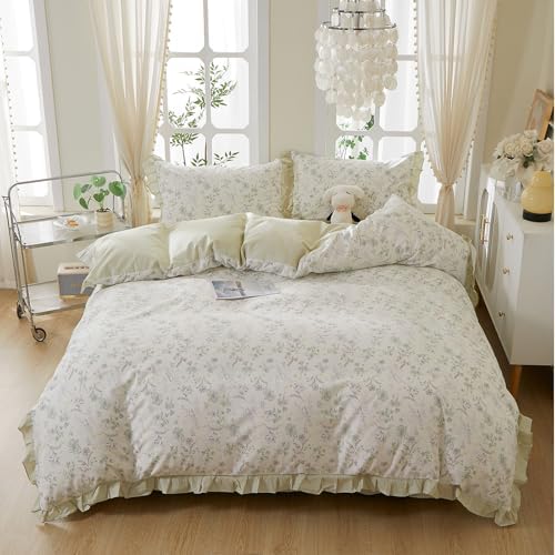 HighBuy Farmhouse 100% Cotton Duvet Cover Full Size,Lavender Floral Ruffle Lace Design Comforter Cover with 2 Pillowcases,Reversible Green Striped Duvet Cover Set Coquette Soft